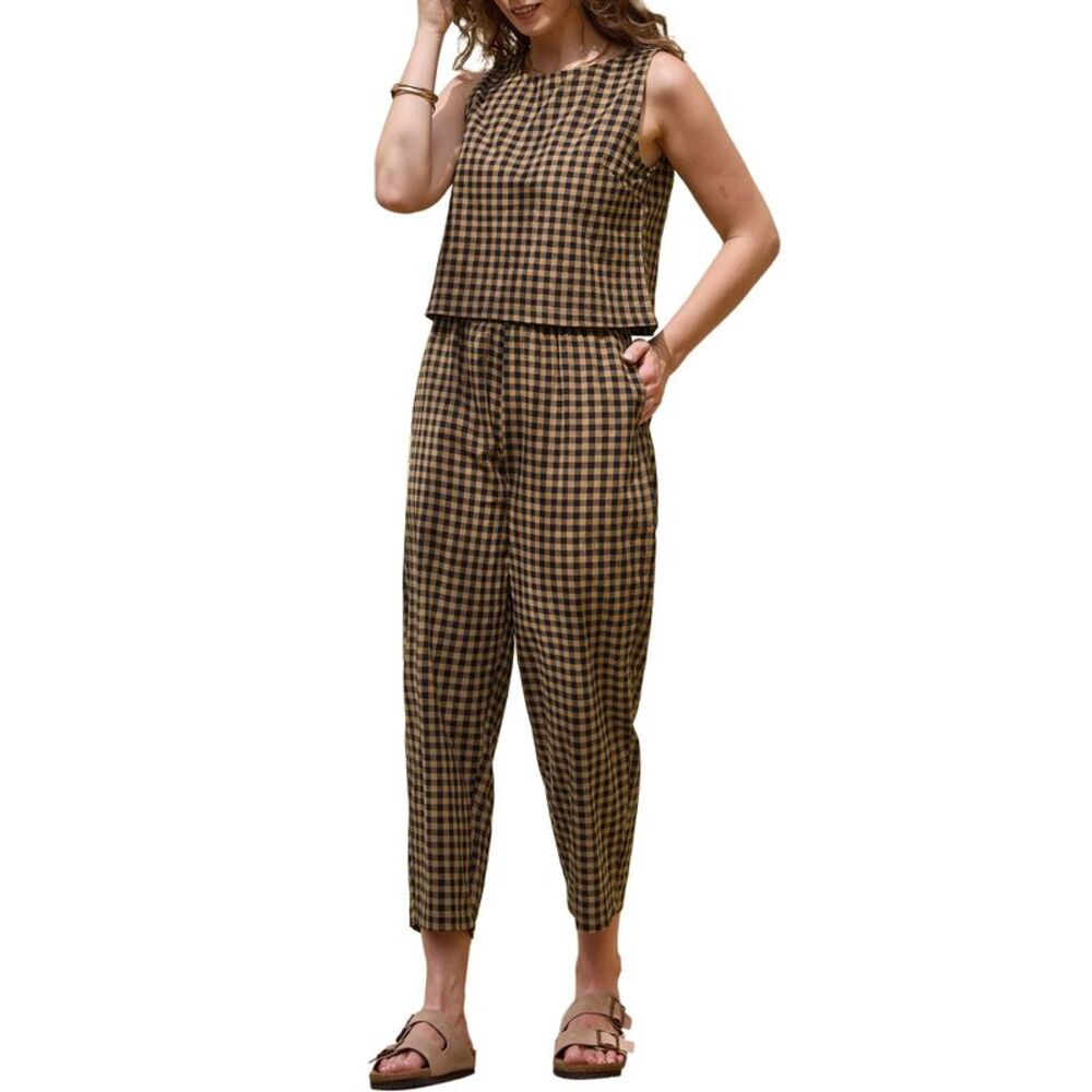 Women Gingham Sleeveless Crop Top and Wide Leg Pants Set Dark Khaki